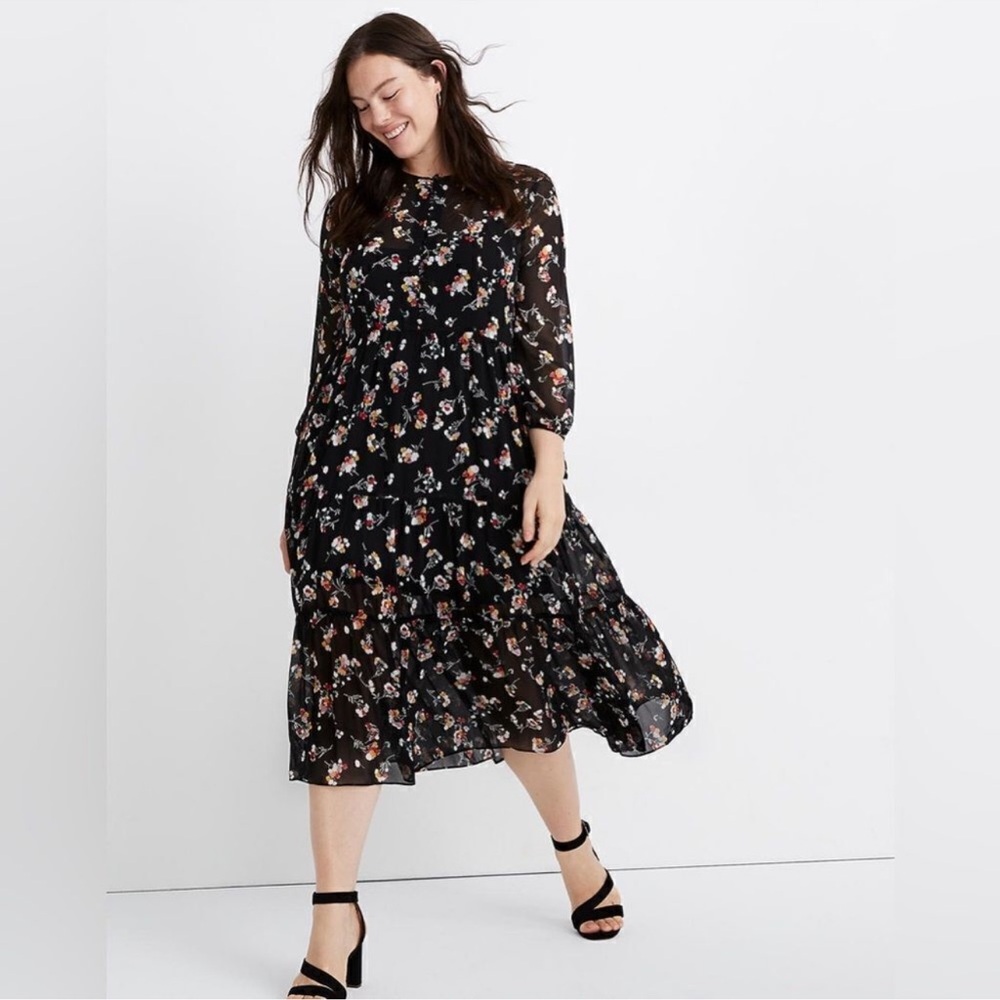 Madewell Size S Sheer Button Front Tiered Midi Dress Carnation Floral $158 NWOT